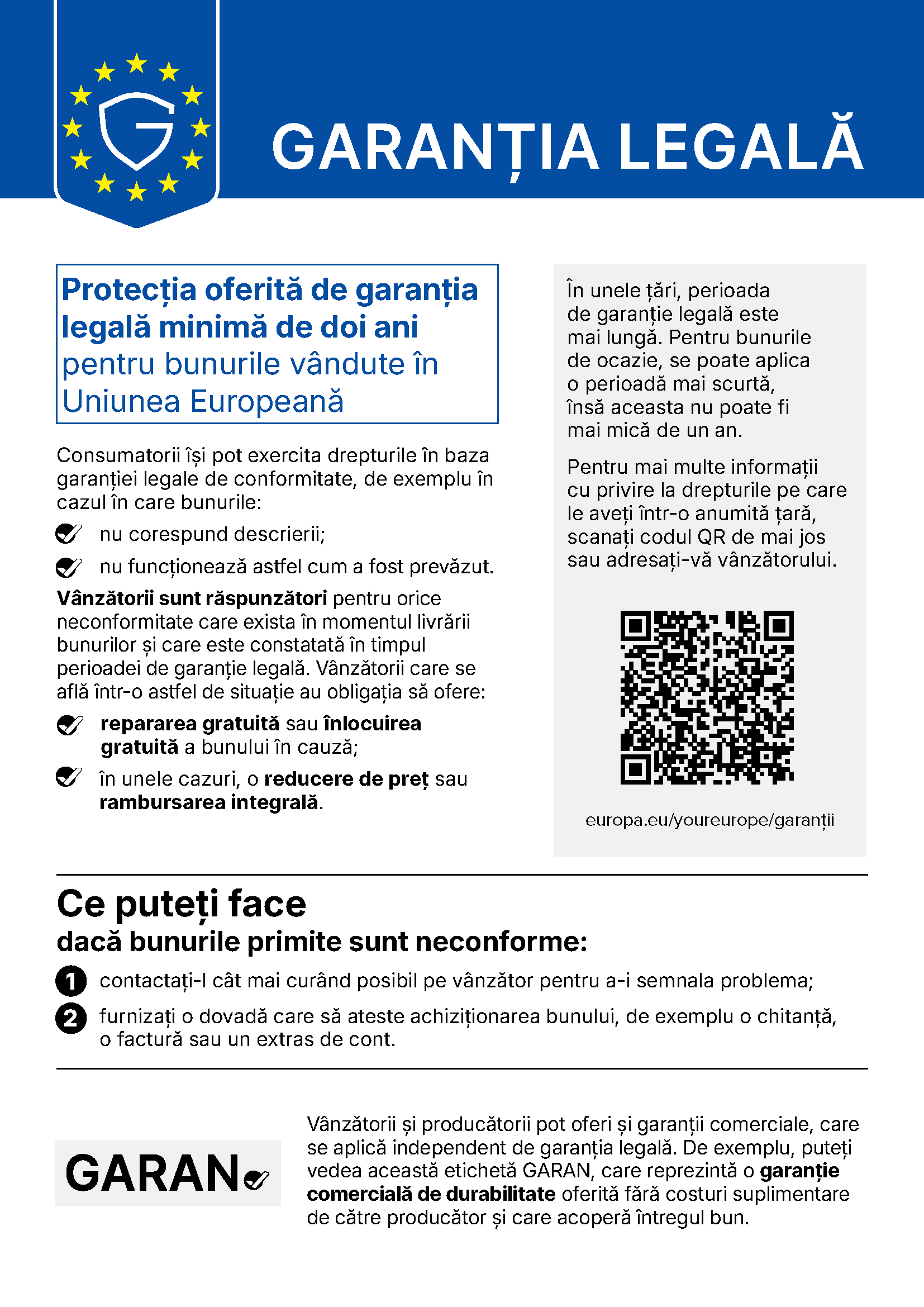Garanția legală — notificarea armonizată UE. Textul integral este transcris mai jos.