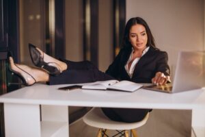 business woman working late night office