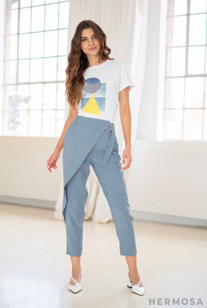 Pantaloni dama Hermosa bleu rayon