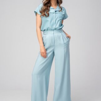 Pantaloni Meda Aqua palazzo din modal cu talie înaltă