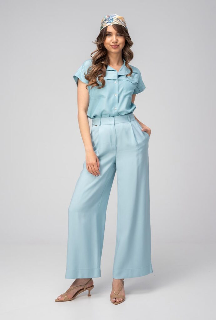 Pantaloni Meda Aqua palazzo din modal cu talie înaltă