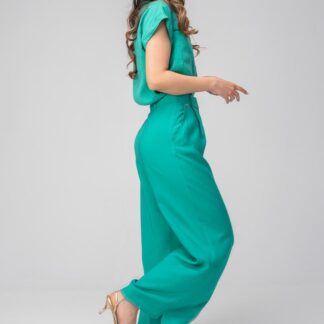 Pantaloni Meda Verde palazzo din modal cu talie înaltă