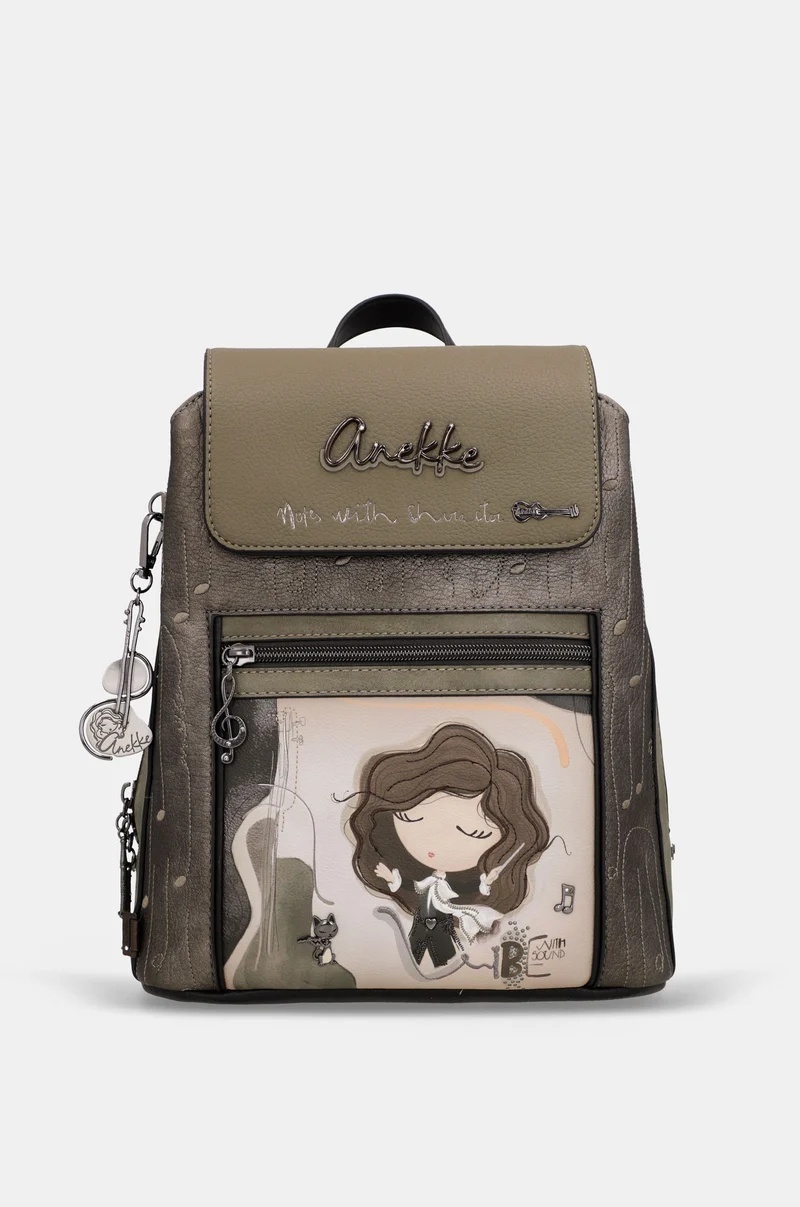 Rucsac damă ORCHESTRA WITH FLAP din piele ecologica Anekke 43805-270 Kaki Multicolor